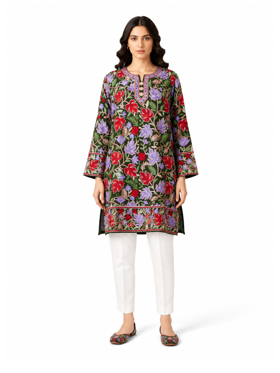 Noor : chinar embroidery summer kurti | Drak Green